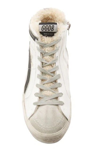 Shop Golden Goose Slide Distressed Shearling-trimmed Leather High-top Sneakers In Black/white