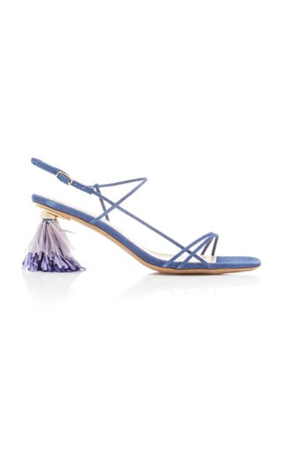 Shop Jacquemus Raphia Embellished Strappy Suede Sandals In Blue