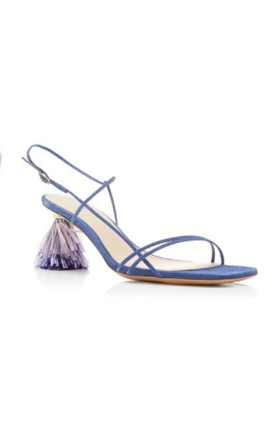 Shop Jacquemus Raphia Embellished Strappy Suede Sandals In Blue