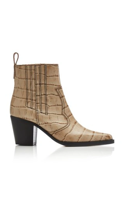 Shop Ganni Croc-effect Leather Ankle Boots In Neutral