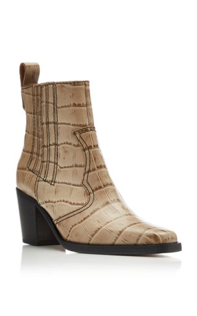 Shop Ganni Croc-effect Leather Ankle Boots In Neutral