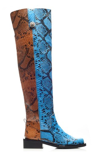 Shop Ganni Mc Snake-effect Leather Knee Boots In Blue