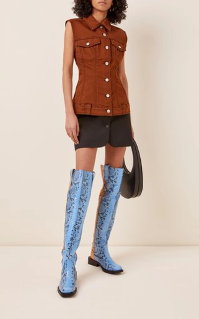 Shop Ganni Mc Snake-effect Leather Knee Boots In Blue