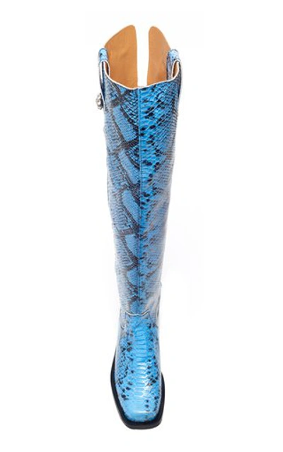 Shop Ganni Mc Snake-effect Leather Knee Boots In Blue