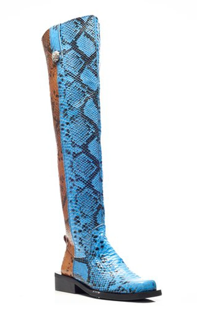 Shop Ganni Mc Snake-effect Leather Knee Boots In Blue