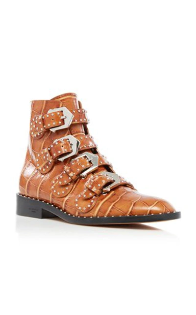 Shop Givenchy Studded Croc-effect Leather Ankle Boots In Brown