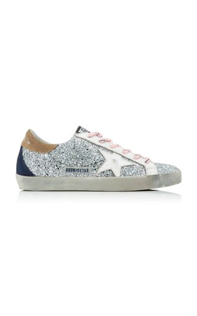 Shop Golden Goose Superstar Distressed Glittered Leather Sneakers In Silver