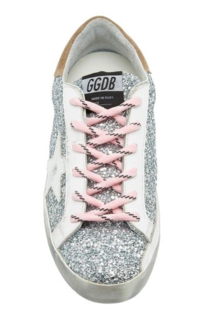 Shop Golden Goose Superstar Distressed Glittered Leather Sneakers In Silver