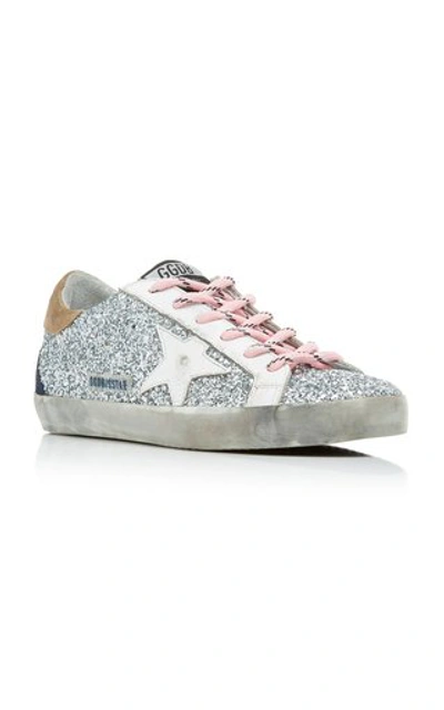 Shop Golden Goose Superstar Distressed Glittered Leather Sneakers In Silver