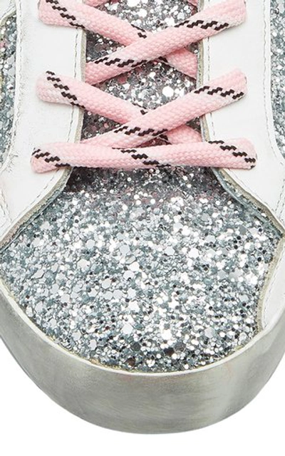 Shop Golden Goose Superstar Distressed Glittered Leather Sneakers In Silver