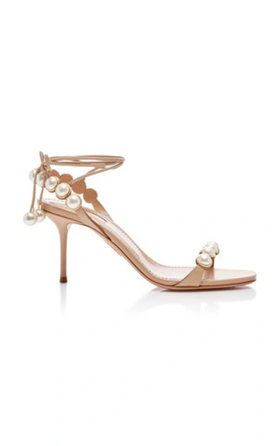 Shop Aquazzura Mae Faux-pearl-embellished Leather Sandals In Neutral