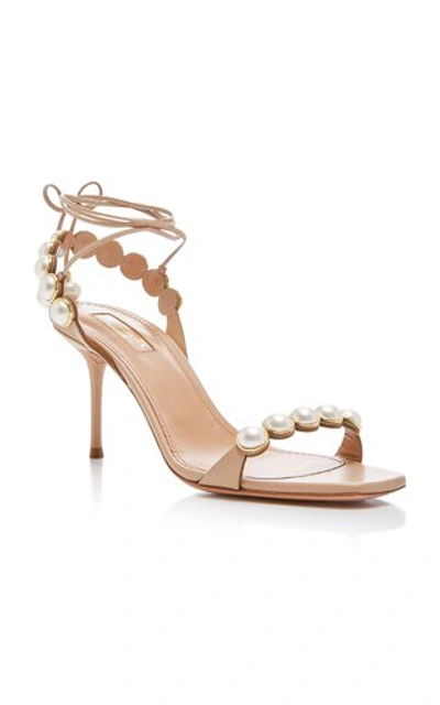 Shop Aquazzura Mae Faux-pearl-embellished Leather Sandals In Neutral
