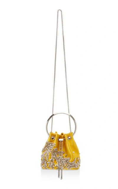 Shop Jimmy Choo Bon Bon Crystal-embellished Satin Bucket Bag In Yellow