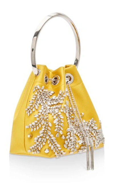 Shop Jimmy Choo Bon Bon Crystal-embellished Satin Bucket Bag In Yellow