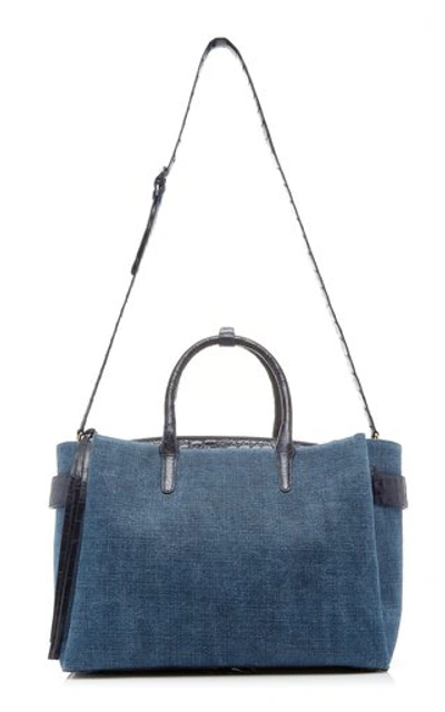 Shop Nancy Gonzalez Cristie Large Crocodile-trimmed Linen Bag In Blue