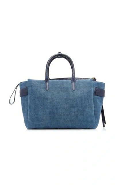 Shop Nancy Gonzalez Cristie Large Crocodile-trimmed Linen Bag In Blue