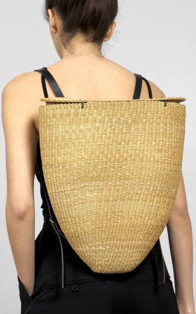 Shop Inès Bressand Cone Leather-trimmed Straw Backpack In Neutral