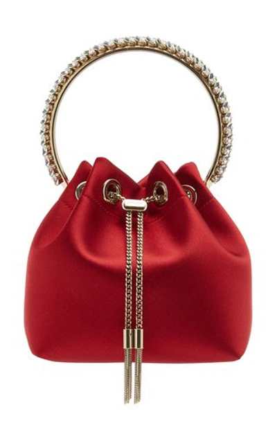 Shop Jimmy Choo Bon Bon Embellished Satin Top Handle Bag In Red