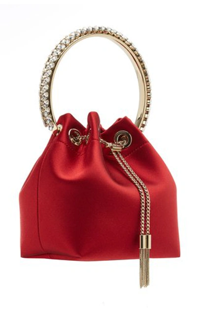 Shop Jimmy Choo Bon Bon Embellished Satin Top Handle Bag In Red