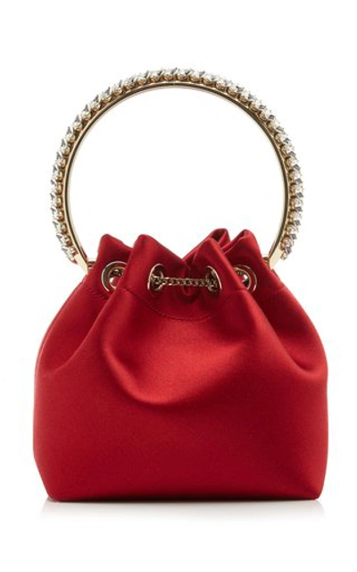 Shop Jimmy Choo Bon Bon Embellished Satin Top Handle Bag In Red