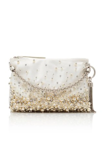 Shop Jimmy Choo Callie Pearl-embroidered Satin Handbag In Ivory