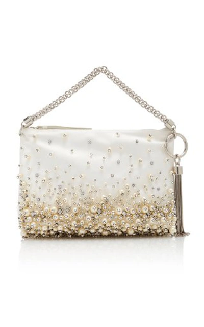 Shop Jimmy Choo Callie Pearl-embroidered Satin Handbag In Ivory