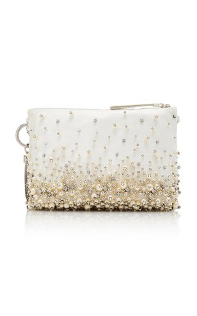 Shop Jimmy Choo Callie Pearl-embroidered Satin Handbag In Ivory