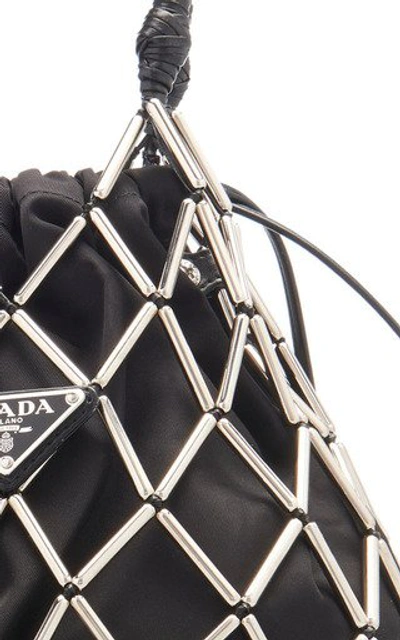 Shop Prada Net-detailed Nylon Drawstring Top Handle Bag In Silver