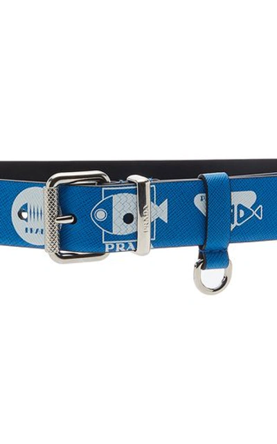 Shop Prada Whale-print Saffiano Leather Belt In Blue