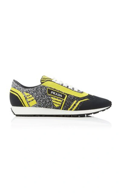 Shop Prada Embroidered Stretch-knit Sneakers In Yellow