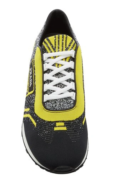 Shop Prada Embroidered Stretch-knit Sneakers In Yellow