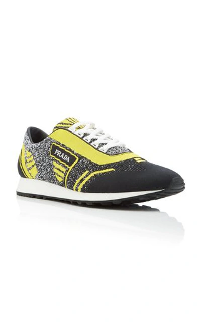 Shop Prada Embroidered Stretch-knit Sneakers In Yellow