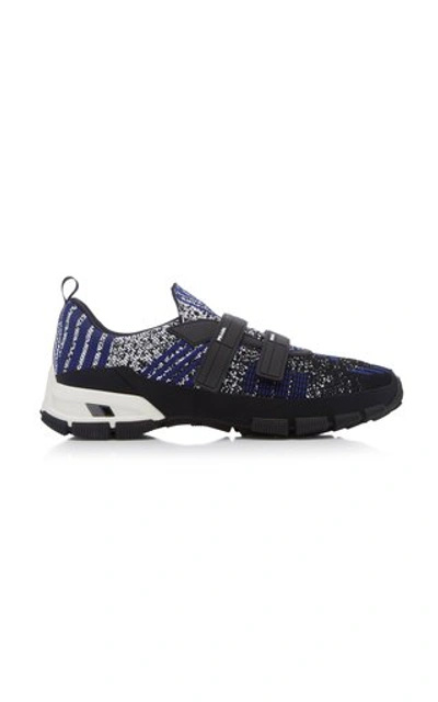 Shop Prada Logo-embossed Rubber And Leather-trimmed Knit Sneakers In Blue