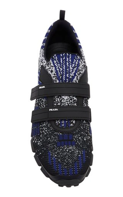 Shop Prada Logo-embossed Rubber And Leather-trimmed Knit Sneakers In Blue