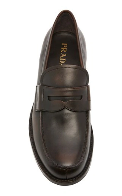 Shop Prada Vitello Bristol Leather Penny Loafers In Brown