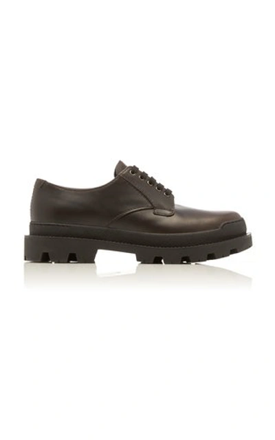 Shop Prada Leather Derby Shoes In Brown