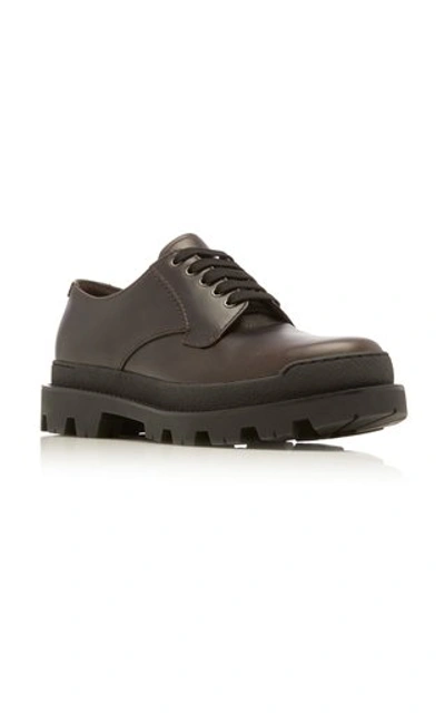 Shop Prada Leather Derby Shoes In Brown