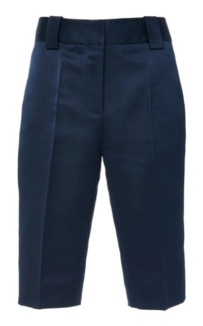 Shop Prada Pleated Silk-satin Bermuda Shorts In Navy