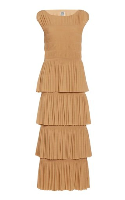 Shop Totême Aramon Tiered Pleated Crepe Maxi Dress In Neutral