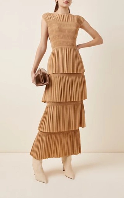 Shop Totême Aramon Tiered Pleated Crepe Maxi Dress In Neutral