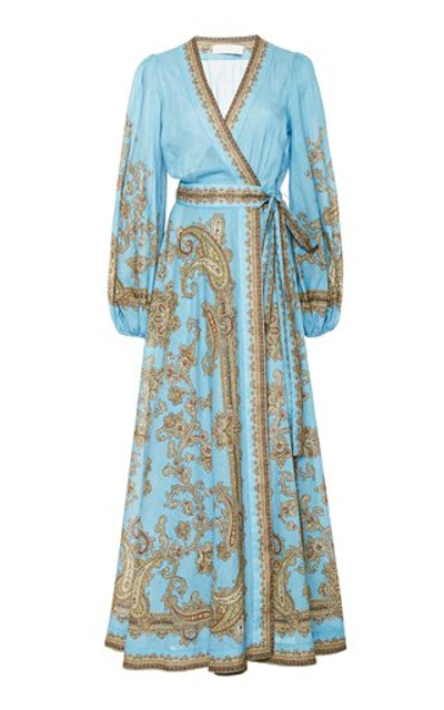 Shop Zimmermann Women's Fiesta Printed Cotton Maxi Wrap Dress In Blue