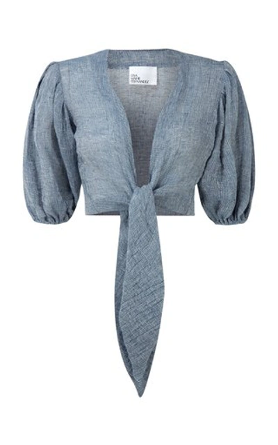 Shop Lisa Marie Fernandez Pouf-sleeve Cropped Linen-blend Blouse In Blue