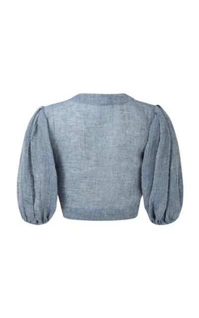 Shop Lisa Marie Fernandez Pouf-sleeve Cropped Linen-blend Blouse In Blue