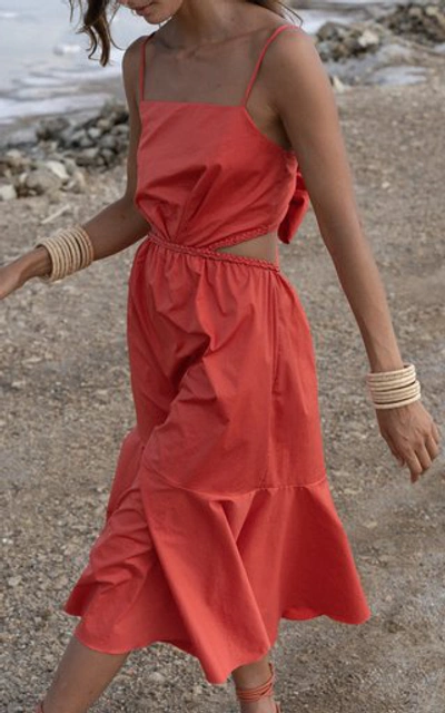 Shop Johanna Ortiz Summer Luck Stretch-cotton Cutout Midi Dress In Red