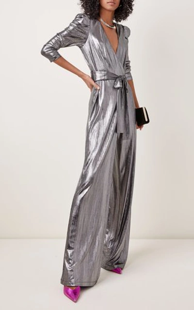 Shop Retroféte Monroe Belted Metallic Lamé Jumpsuit In Silver