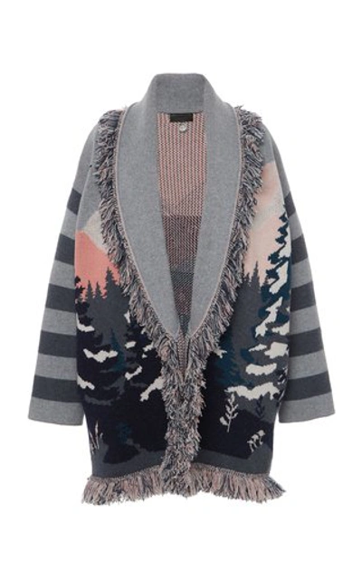 Shop Alanui Frozen Landscape Belted Fringed Jacquard Cashmere-blend Cardigan In Multi