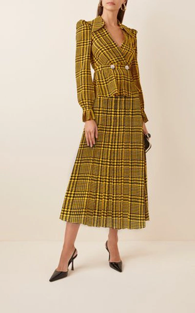 Shop Alessandra Rich Houndstooth Pleated Silk Midi Skirt In Yellow