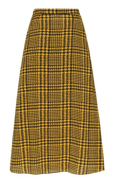 Shop Alessandra Rich Houndstooth Pleated Silk Midi Skirt In Yellow