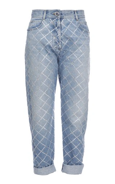 Shop Balmain Strass Grid Boyfriend Jeans In Light Wash