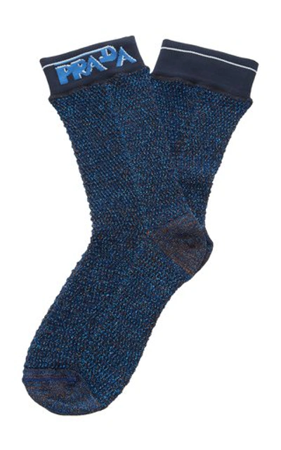 Shop Prada Logo Lurex Socks In Blue